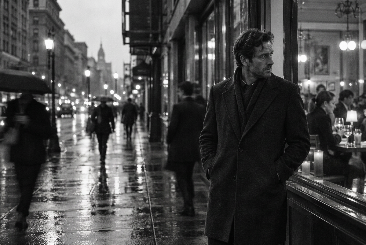 A composed man standing alone on a rain-slicked city sidewalk under the gaze of a lit restaurant window — why dating apps put founders at risk of public scrutiny