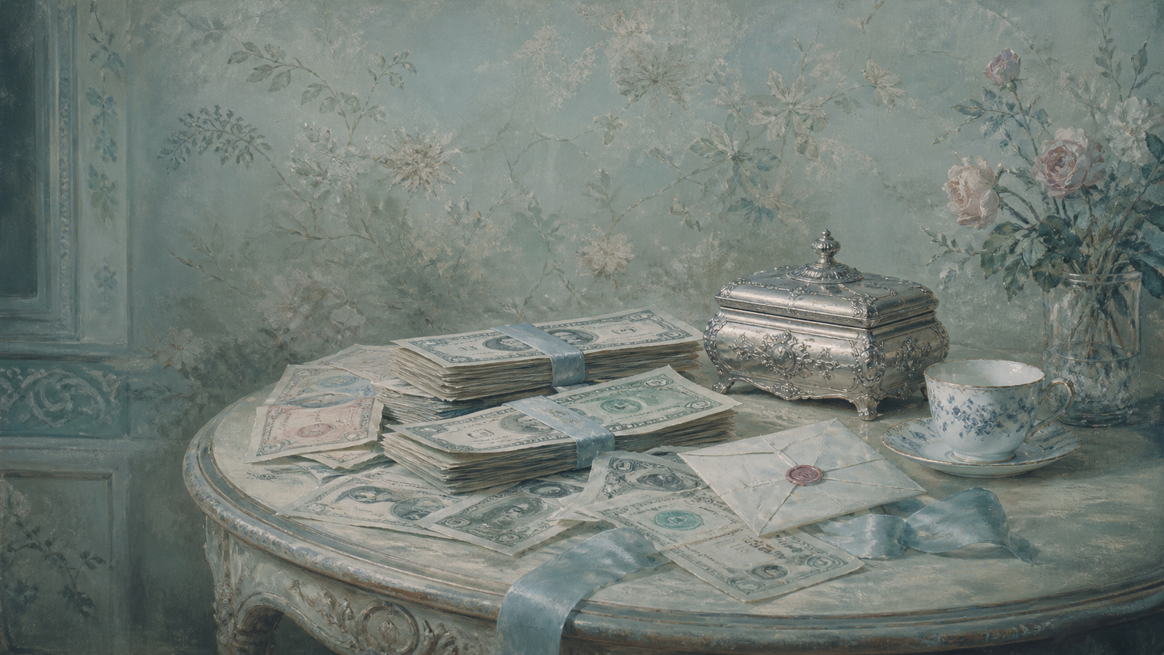 Banknotes, a sealed letter and a silver casket on a table — what a year of dating actually costs