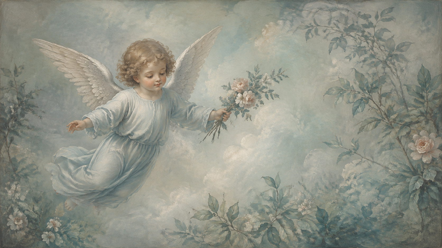 A cherub carrying flowers through a soft pastel garden - the romantic ideal behind every matchmaking success rate