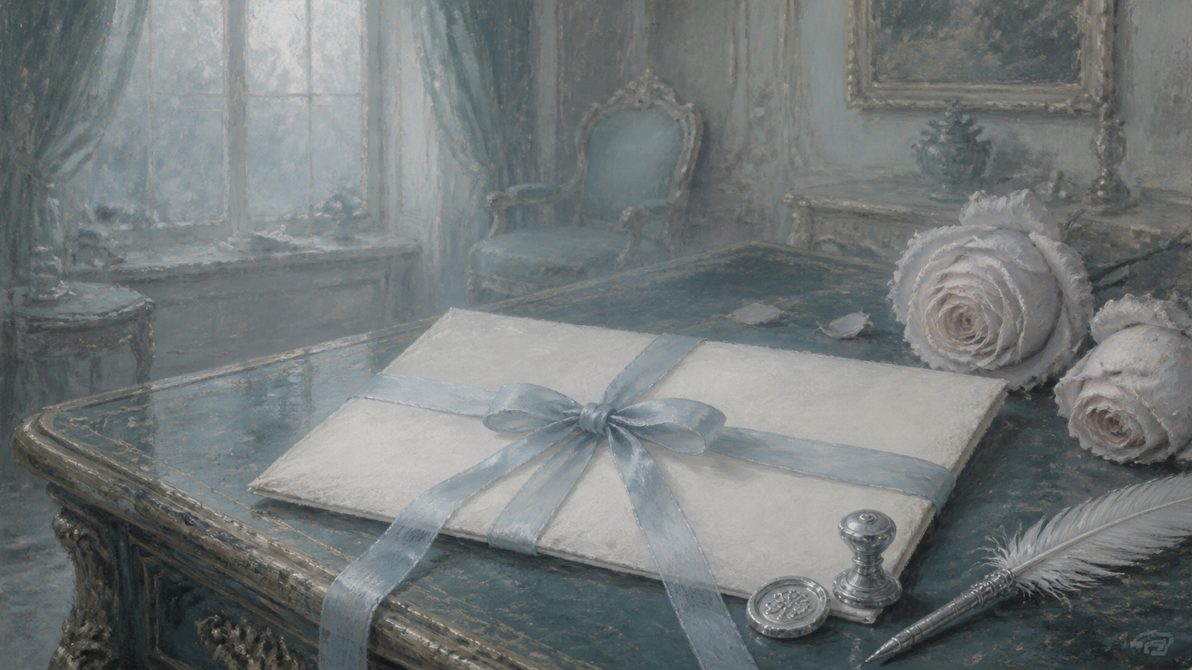 A sealed letter tied with a ribbon on an antique writing desk, a symbol of selective, private introductions
