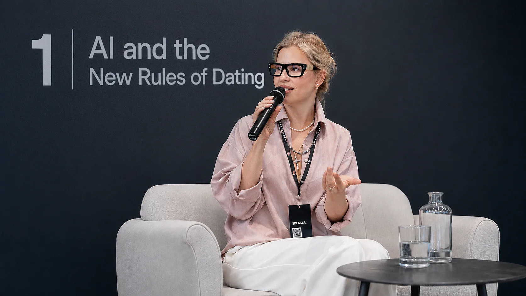 Marina Pasqual, Co-Founder of Velin Privé, speaking on AI and the new rules of dating at a conference