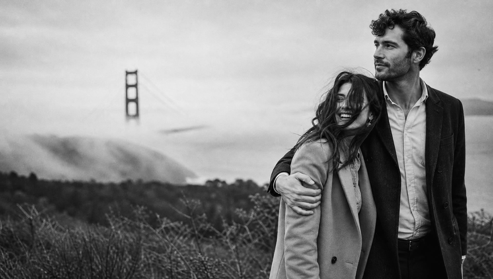 Couple at a Presidio overlook with the Golden Gate Bridge in fog - private matchmaking in San Francisco