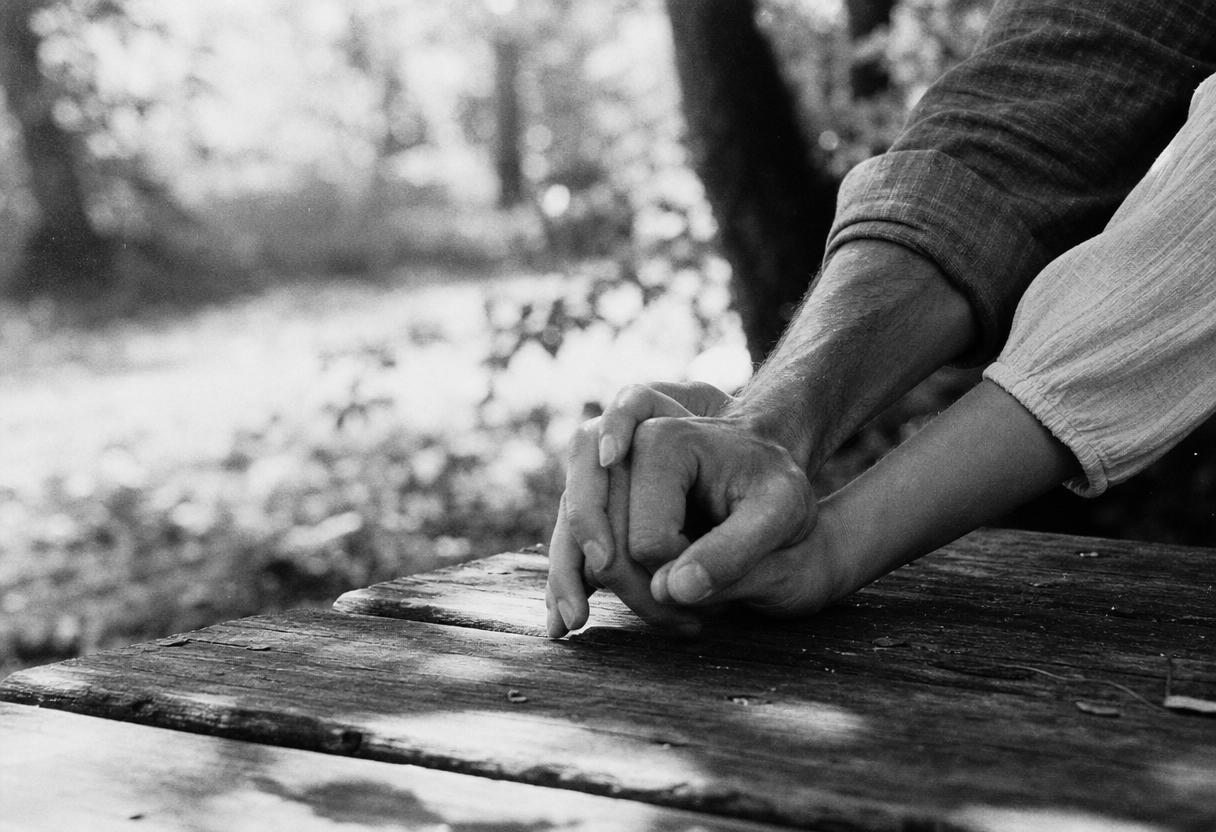 Two hands intertwined on a wooden bench in dappled forest light — vetting process at a private matchmaking agency
