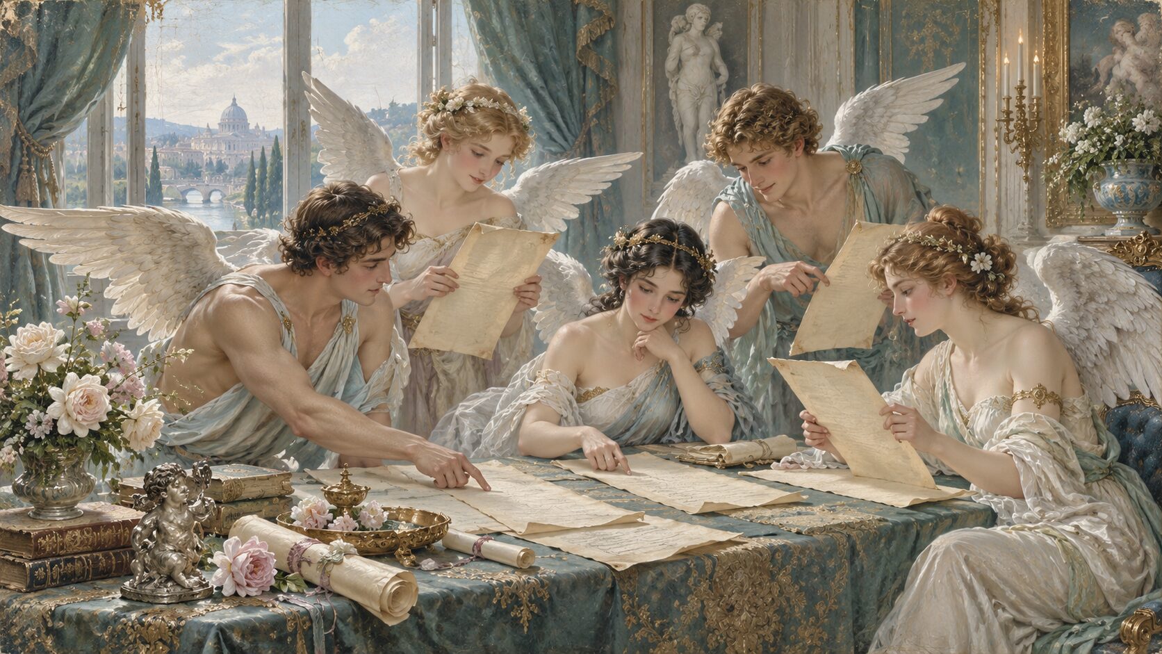 Matchmakers reviewing candidate profiles around a table, comparing each one against a client's brief
