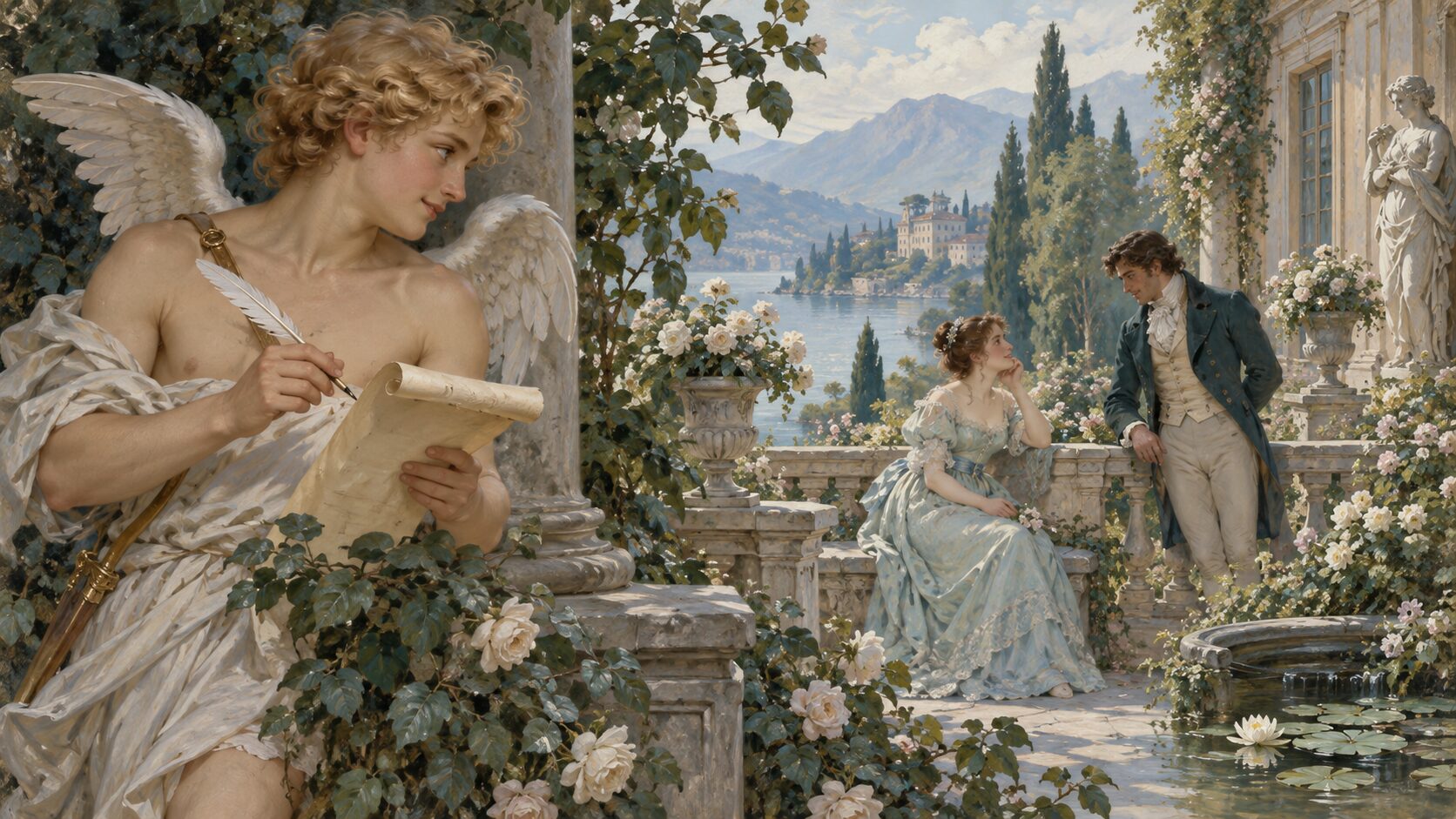A matchmaker taking notes while two people meet for the first time on a garden terrace