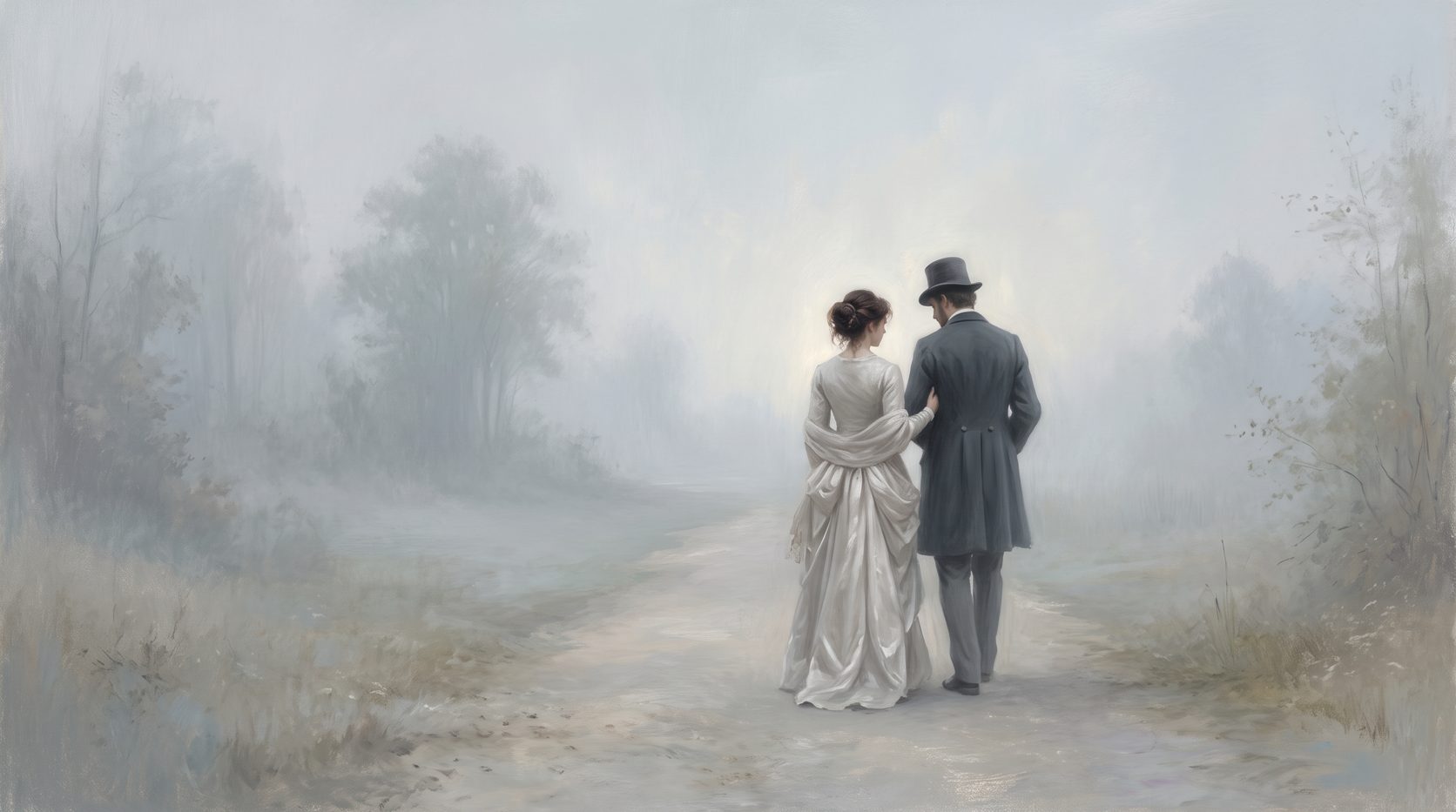 A man and a woman walking side by side along a quiet misty path