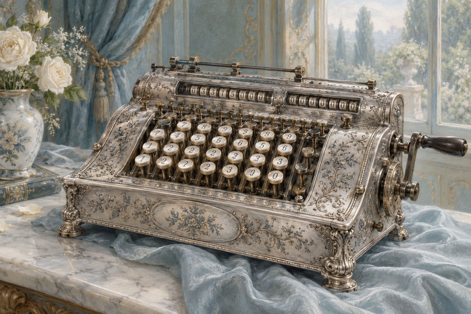 Ornate antique silver calculating machine with numbered keys on a marble table, white roses and a blue silk cloth beside it