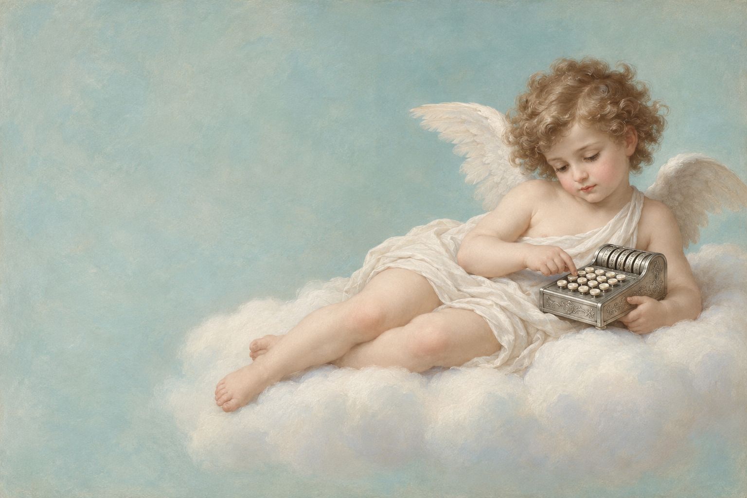 Painting-style illustration of a cupid lying on a cloud and pressing the keys of a small silver calculating machine