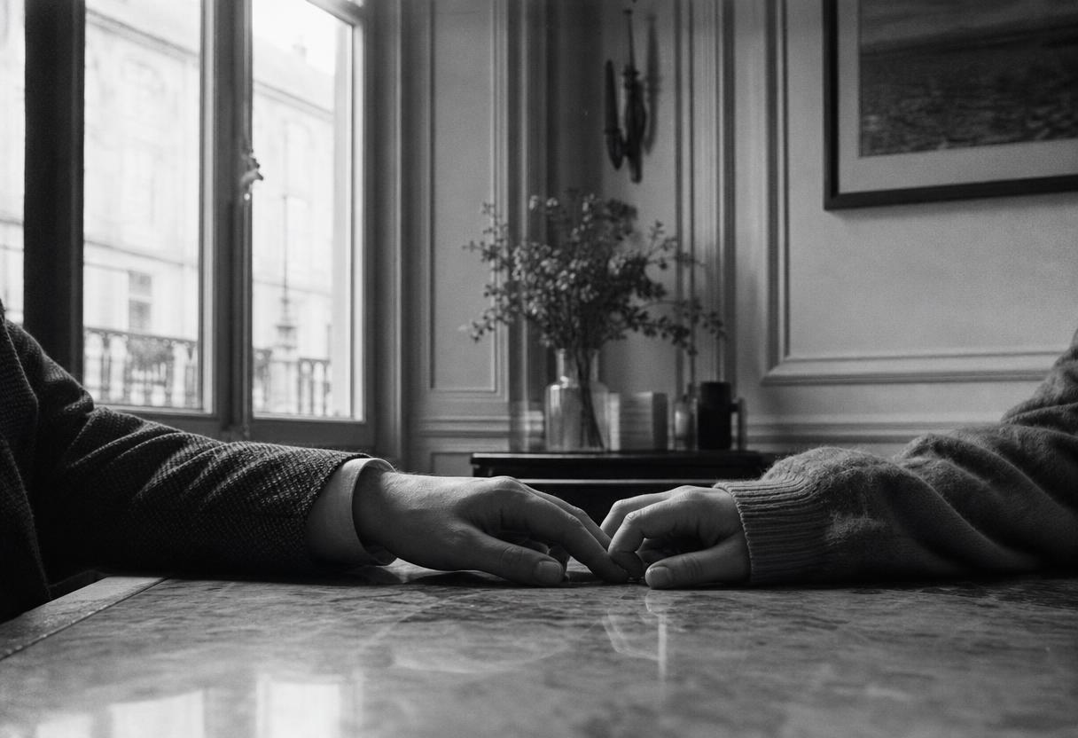 Two hands rest close together on a marble desk in a matchmaker's office — questions to ask before hiring a matchmaker