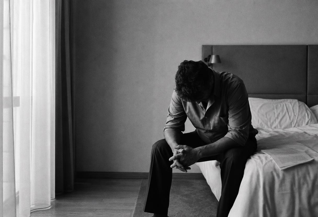 A man sitting alone on a hotel bed with a signed contract beside him — the pattern behind matchmaking reviews and complaints
