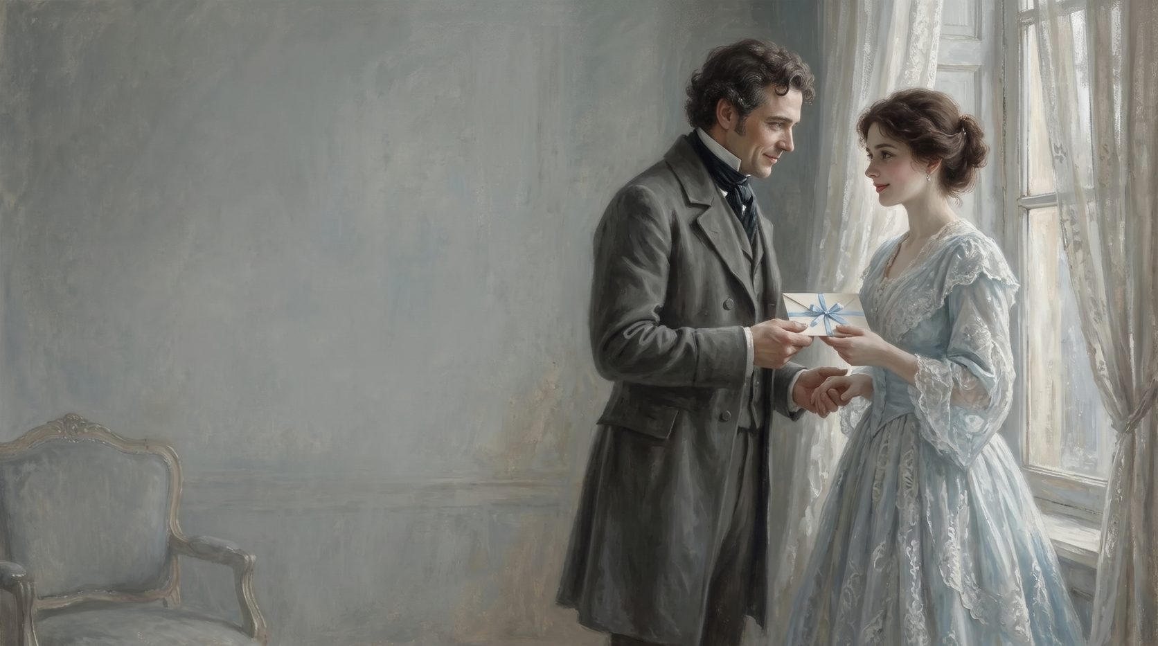 A man handing a ribbon-tied letter to a woman by a window