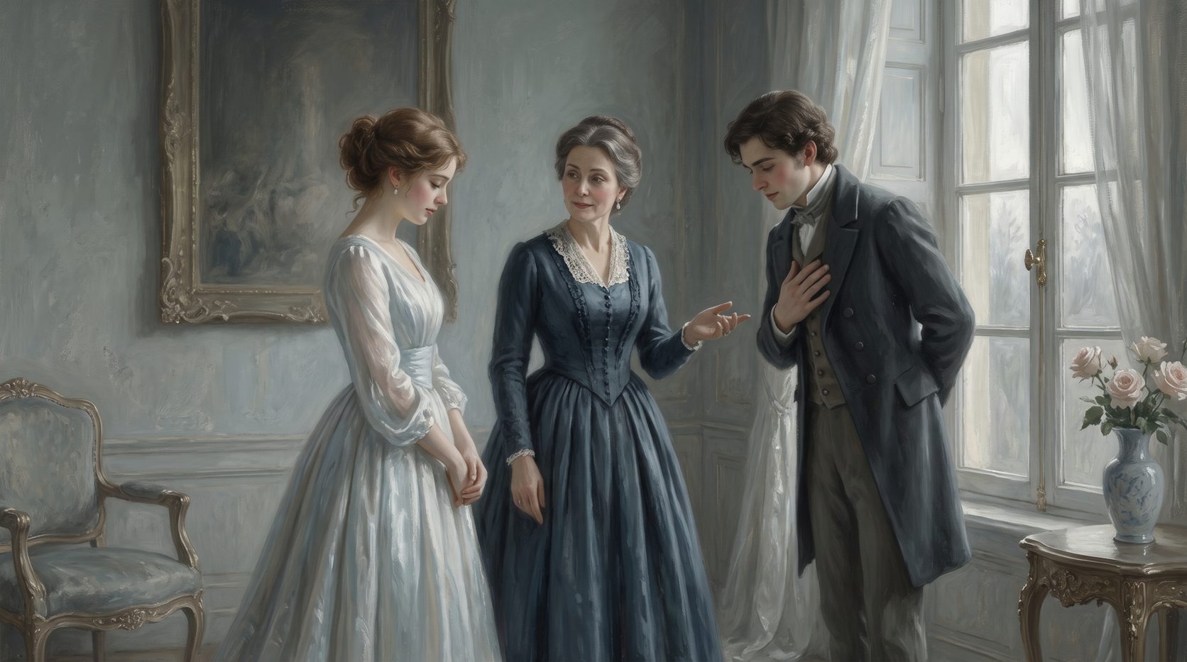 A matchmaker introducing a young man and a young woman